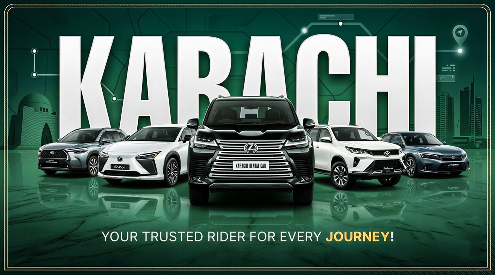 Rent a car in Karachi with driver option featuring luxury sedans and SUVs for USA traveler